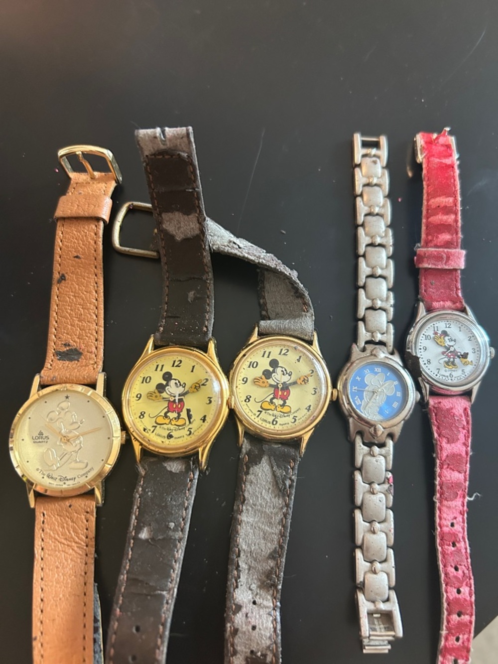 Disney Vintage Mickey Mouse Watch Lot with Tan, Brown, Gold, Silver, Pink Straps